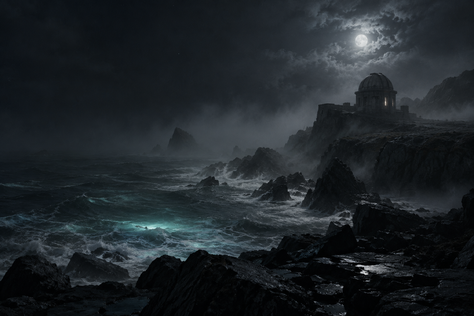 A moonlit observatory above a dark, stormy coast